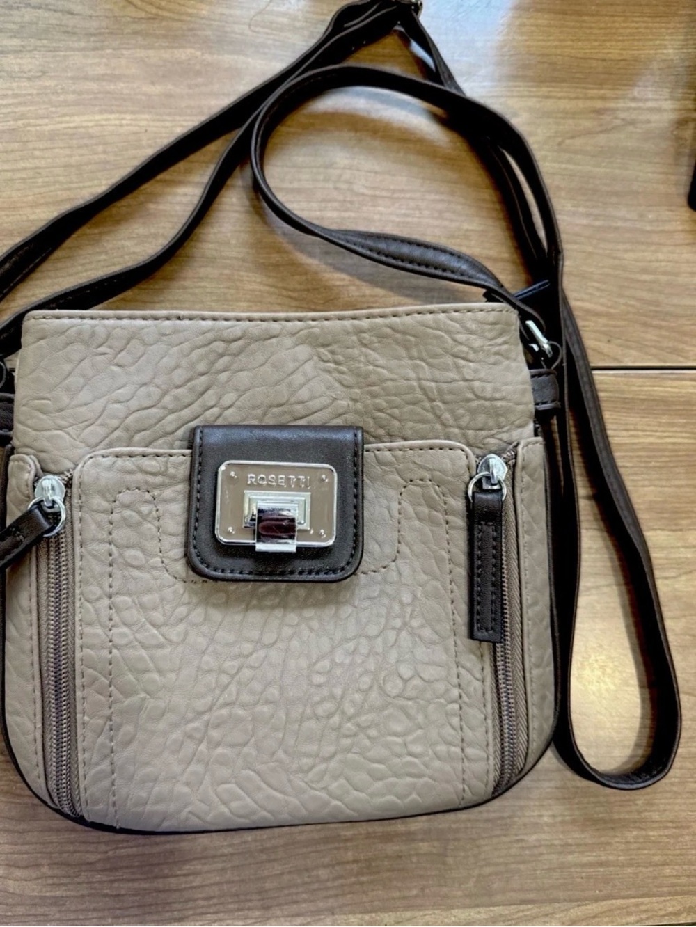 Rosetti Taupe Pebbled Crossbody with Dark Brown Trim and Silver Hardware
